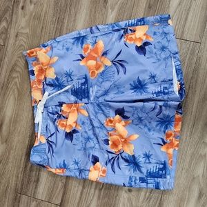 Panama Jack Blue Orange Hawaiian Print Swim Shorts Velcro Close & Pocket XL